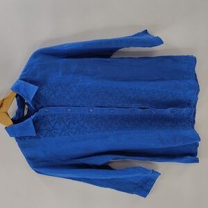 L.L. Bean Button Up Medium Blue 3/4 Sleeve Linen Shirt Eyelet Embroidered